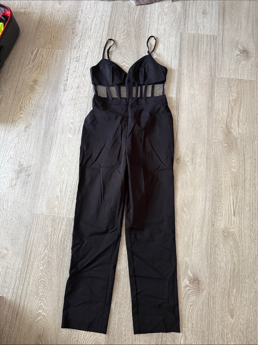 Black Mesh-Panel Jumpsuit with Spaghetti Straps